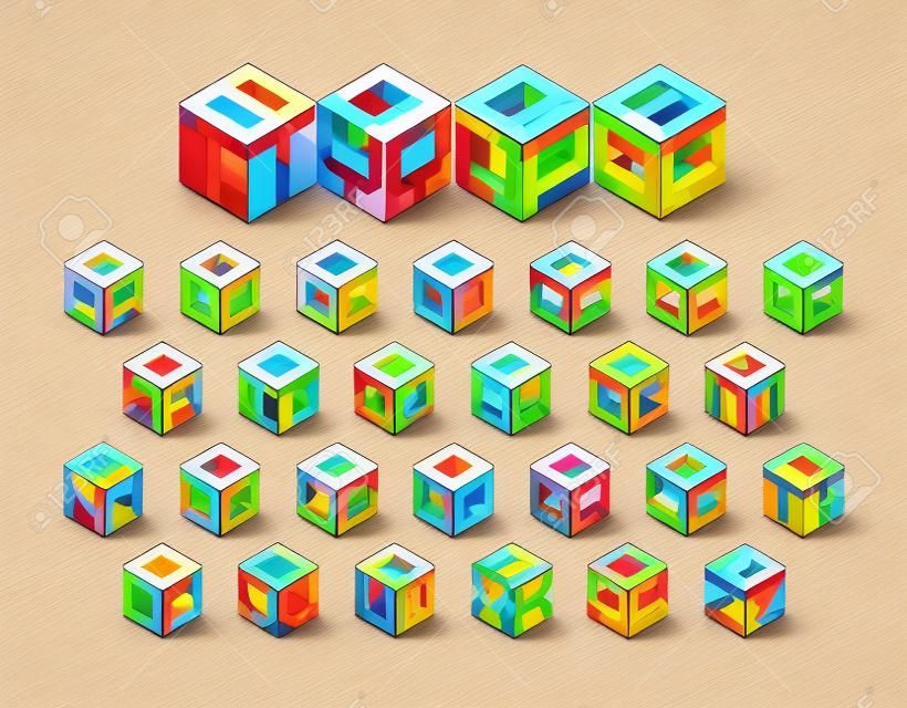 Cube alakú 3d izometrikus betű, háromdimenziós ábécé betűk