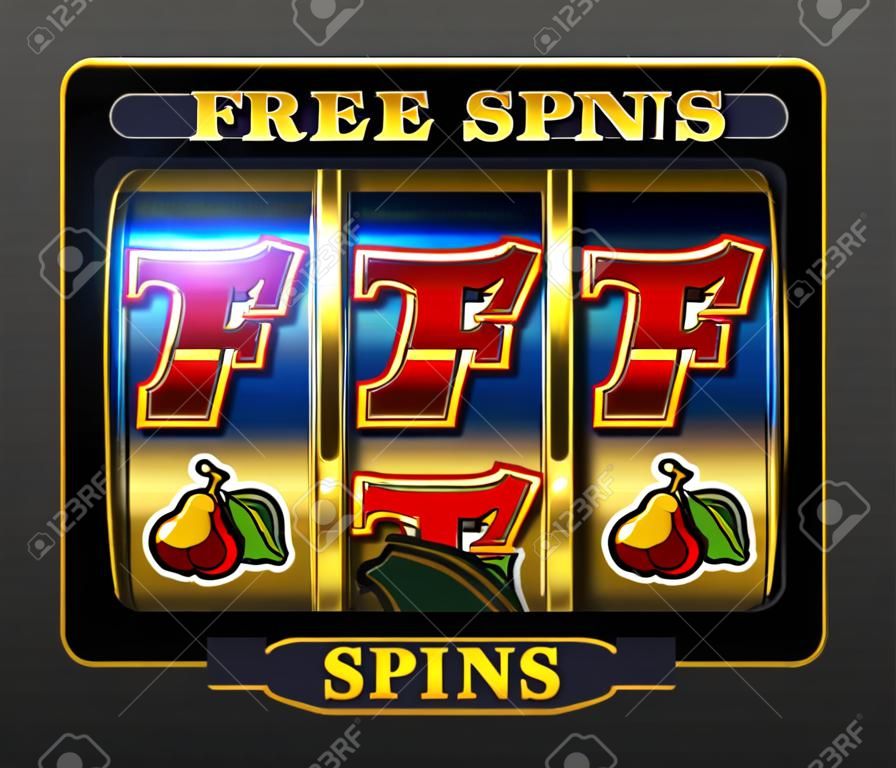 Bouns Free Spins, banner di giochi di slot machine, giochi da casinò, illustrazione di slot machine con testo Free Spins