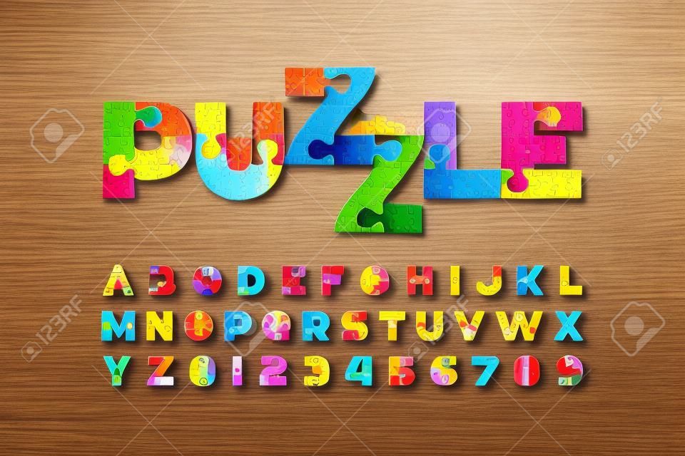 Carattere del puzzle, lettere e numeri dell'alfabeto del puzzle colorato