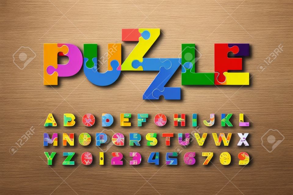 fonte de quebra-cabeça, colorido quebra-cabeça alfabeto letras e números