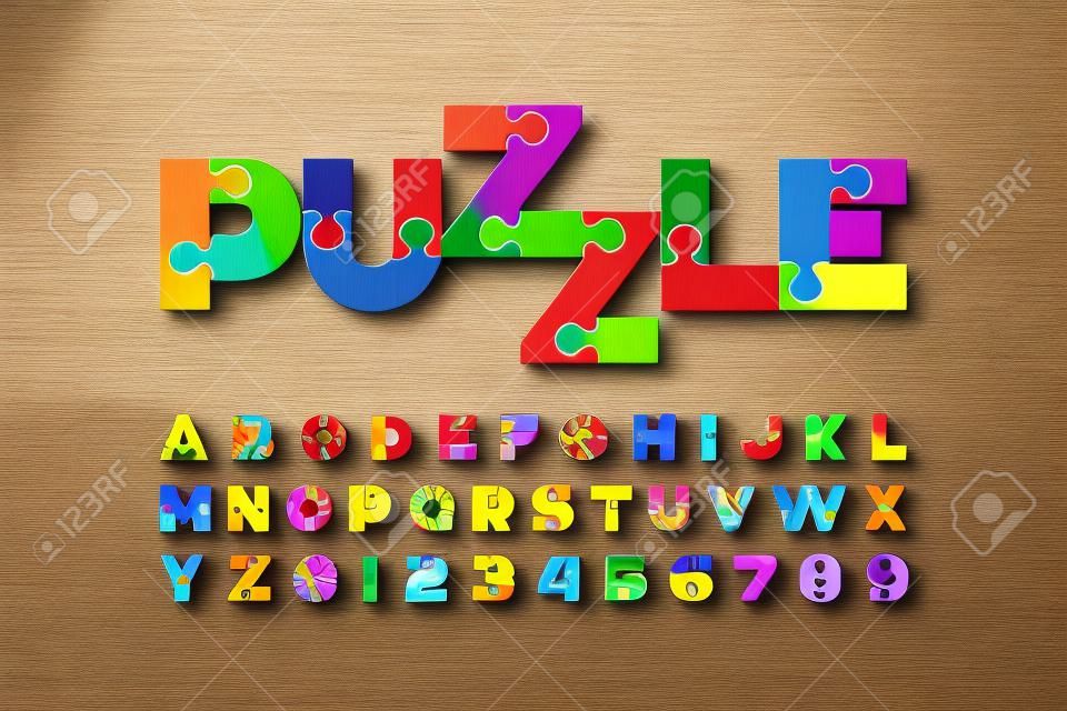 Puzzle font, colorful jigsaw puzzle alphabet letters and numbers
