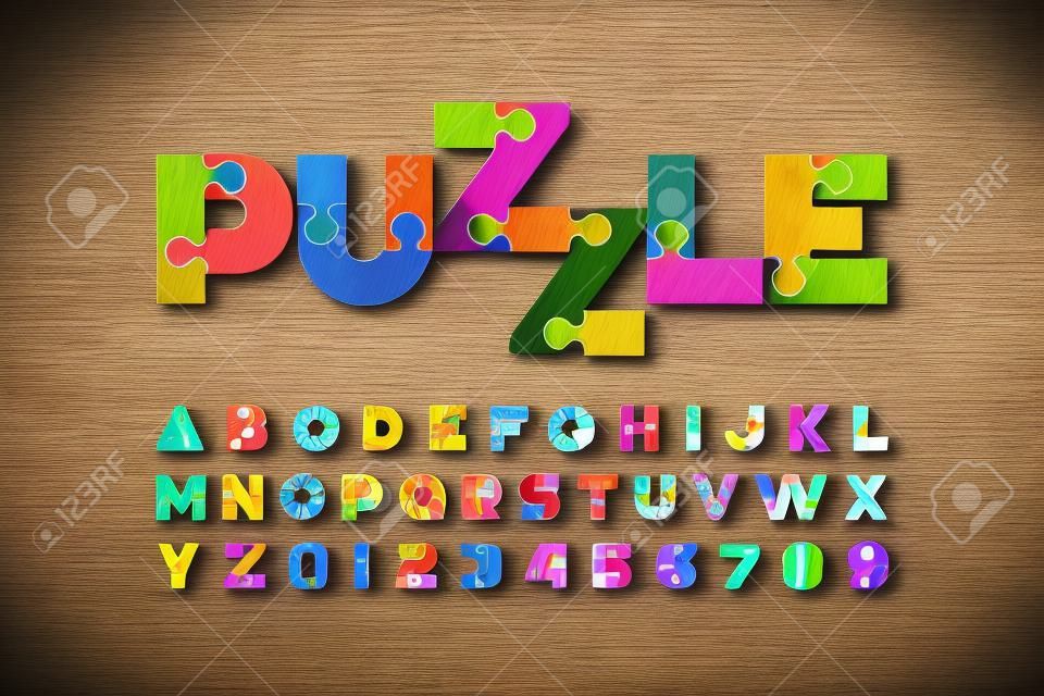 Puzzle-Schrift, bunte Puzzle-Alphabet-Buchstaben und Zahlen