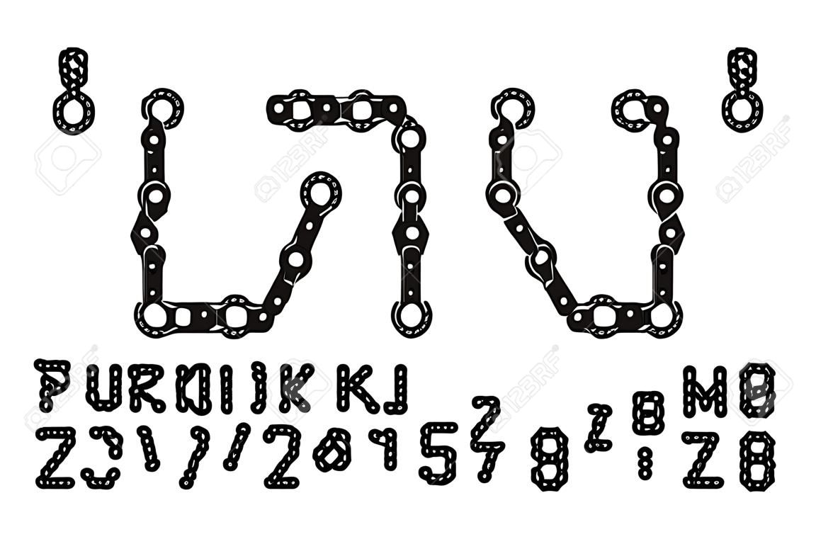Fonte de corrente de bicicleta, letras do alfabeto e números