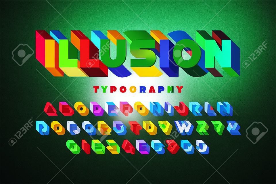Moderne kühne 3D-Schrift Illusion, Alphabet Buchstaben und Zahlen