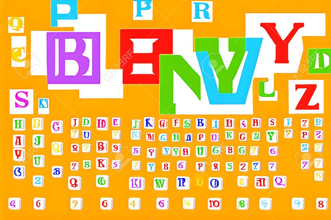 Toy blocks font, alphabet letters and numbers