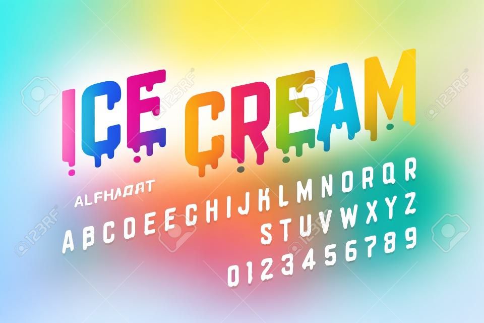 Fonte de sorvete de derretimento, letras do alfabeto e números
