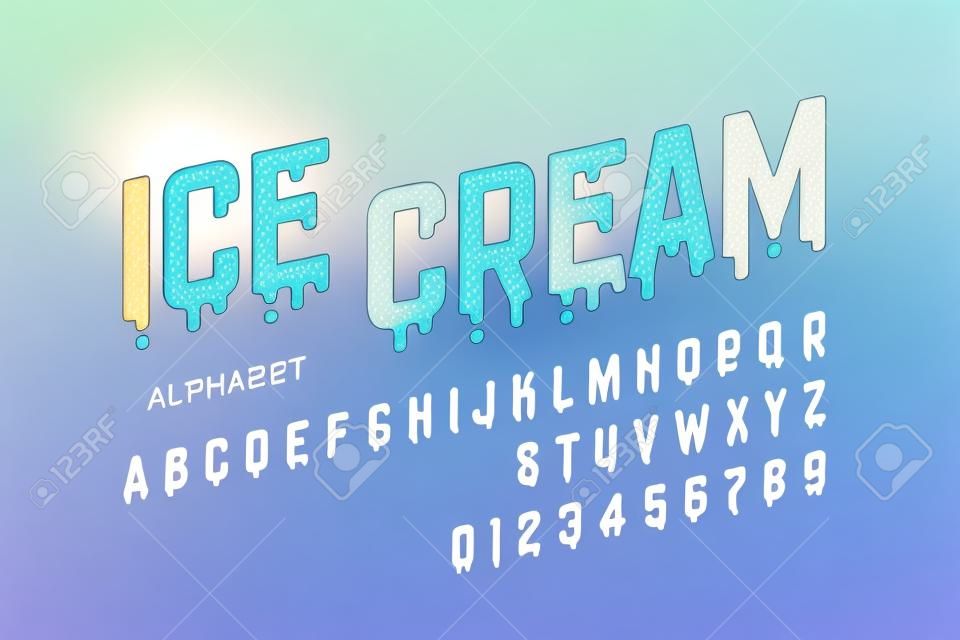 Melting ice cream font, alphabet letters and numbers