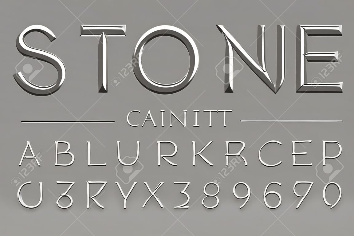 Fuente de piedra tallada, letras del alfabeto y números