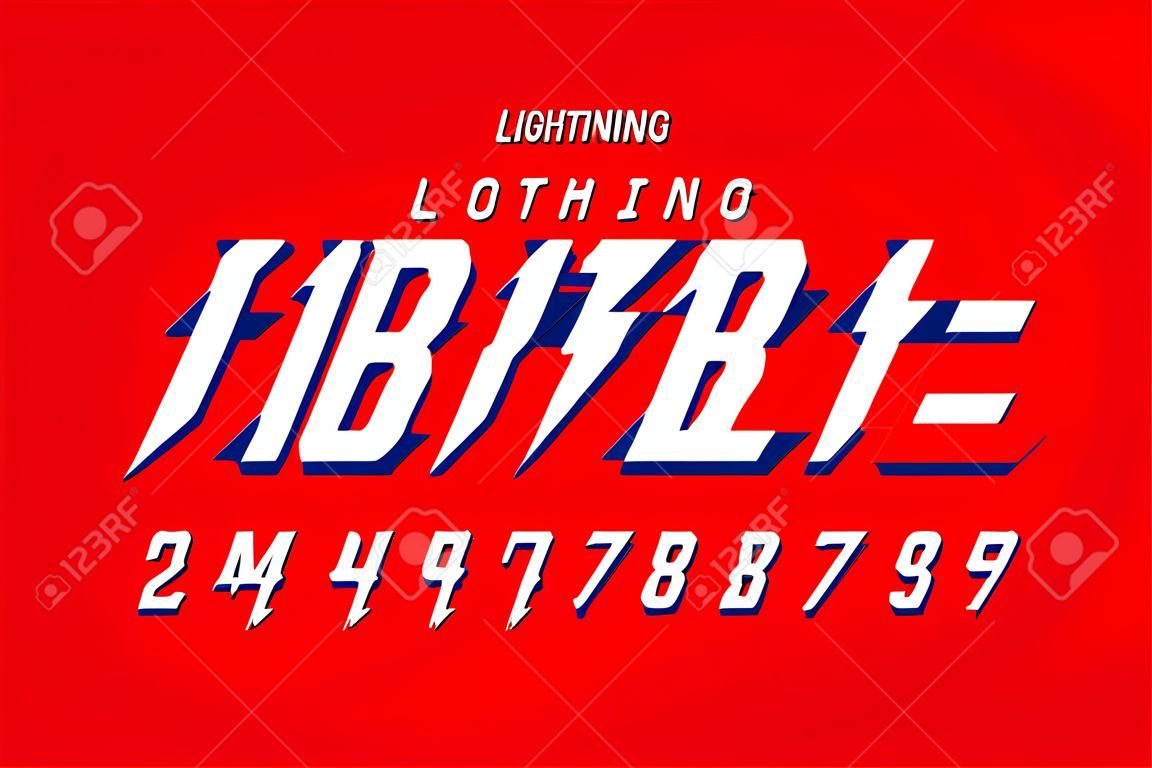 Lightning bolt style font design, alphabet letters and numbers