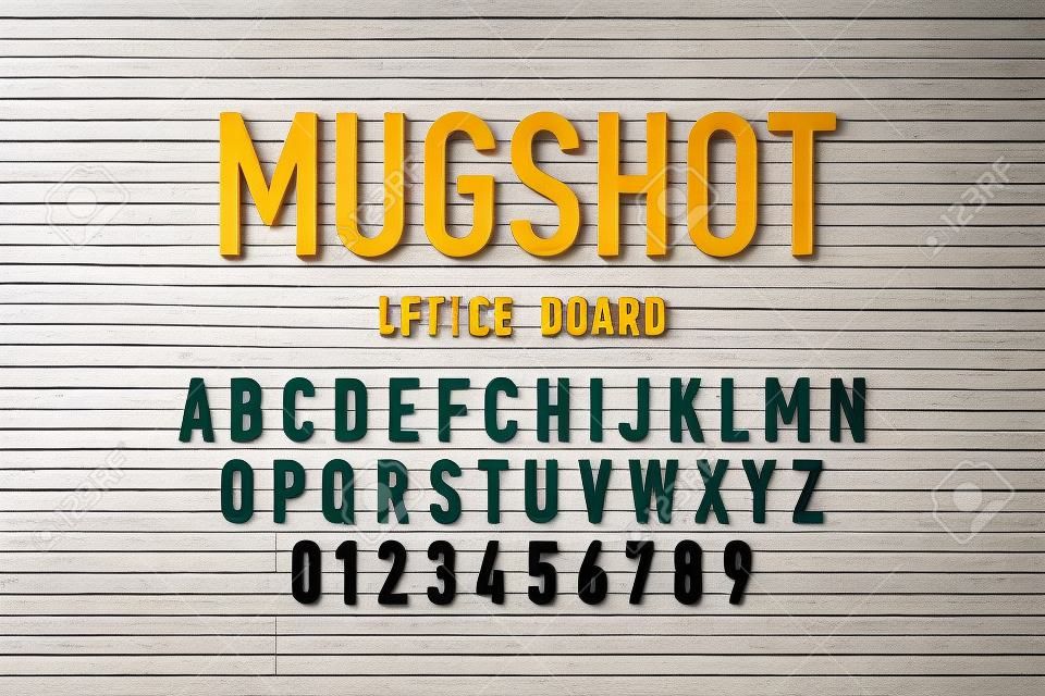 Politie mugshot letterbord stijl lettertype, veranderlijke alfabet letters en cijfers