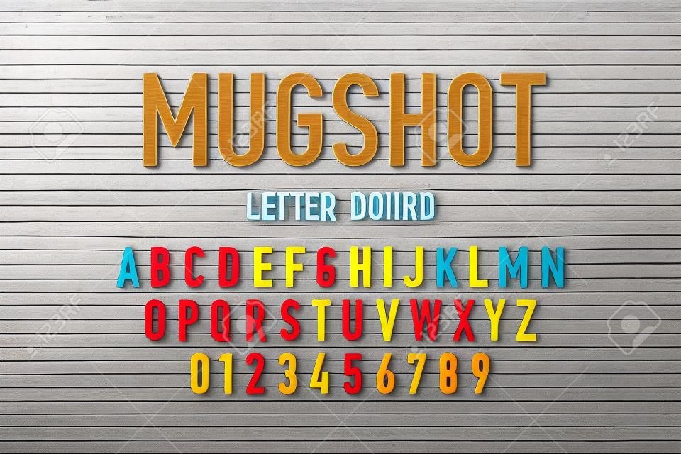 Politie mugshot letterbord stijl lettertype, veranderlijke alfabet letters en cijfers