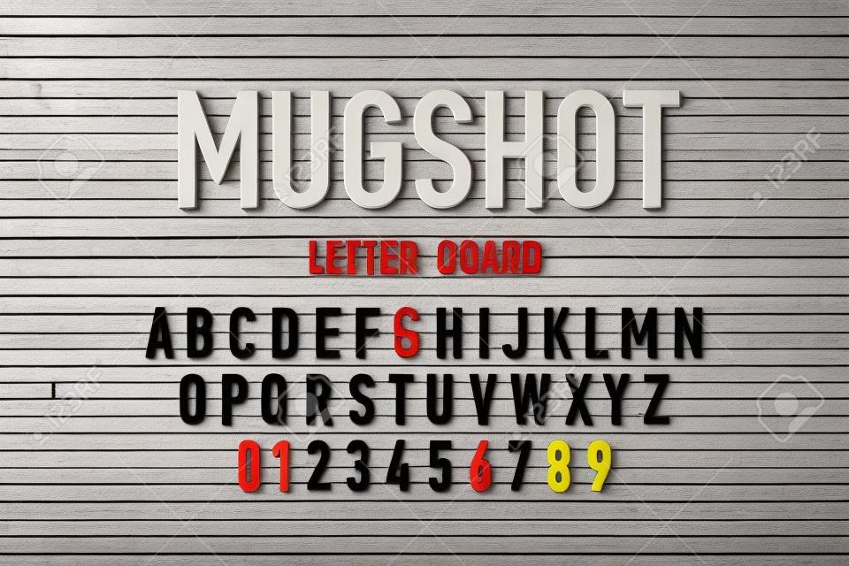 Carattere stile bacheca della foto segnaletica della polizia, lettere e numeri dell'alfabeto modificabili