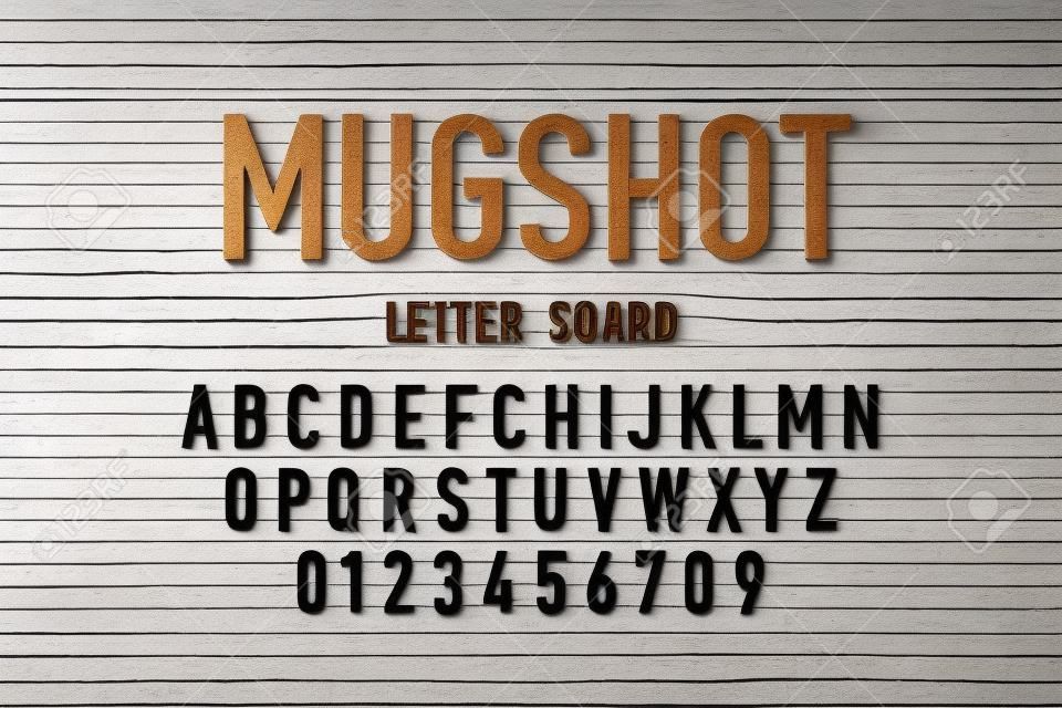Carattere stile bacheca della foto segnaletica della polizia, lettere e numeri dell'alfabeto modificabili