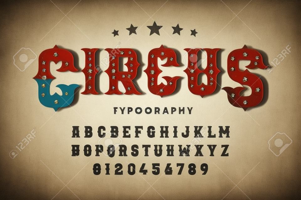 Retro stijl circus lettertype, alfabet letters en cijfers