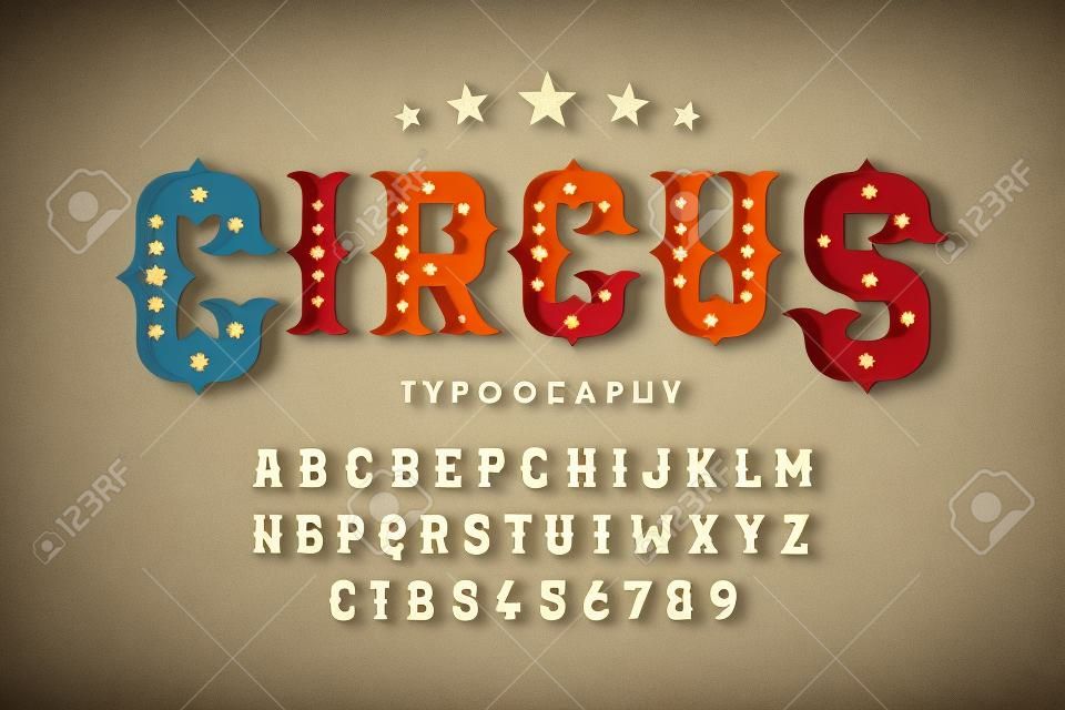 Retro stijl circus lettertype, alfabet letters en cijfers
