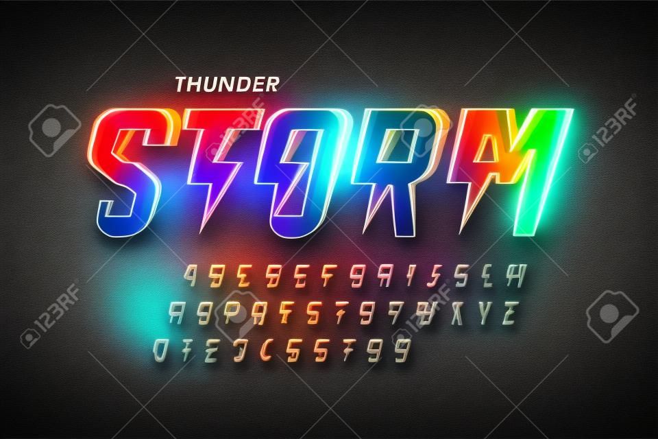 Thunder storm style font design, alphabet letters and numbers