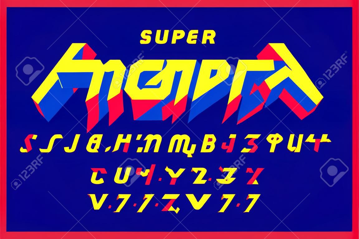 Fuente de superhéroe de estilo cómic, letras mayúsculas del alfabeto y números