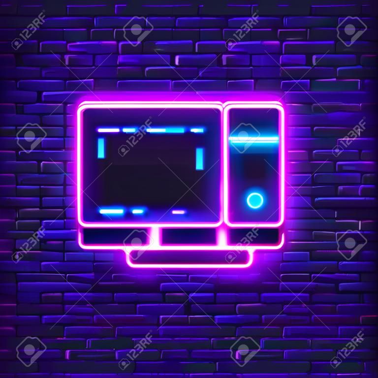 Stacjonarny neon komputerowy. świecąca ikona komputera. ilustracja wektorowa do projektowania. koncepcja technologii
