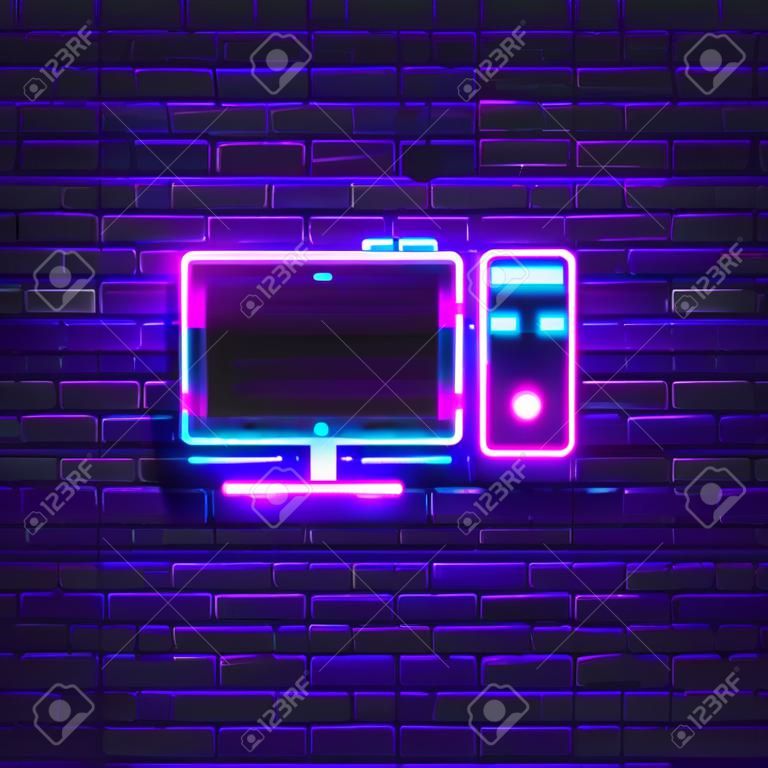 Stacjonarny neon komputerowy. świecąca ikona komputera. ilustracja wektorowa do projektowania. koncepcja technologii