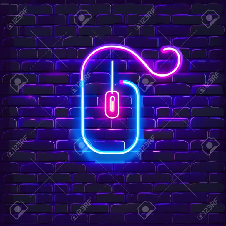 Neonowy znak myszy komputerowej. świecąca ikona sprzętu komputerowego. ilustracja wektorowa do projektowania. koncepcja biura