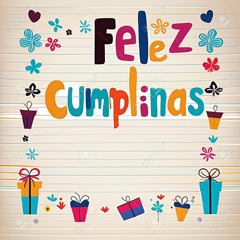 Feliz Cumpleaños - Happy Birthday spanyol határ vonalas papírra retro kártya