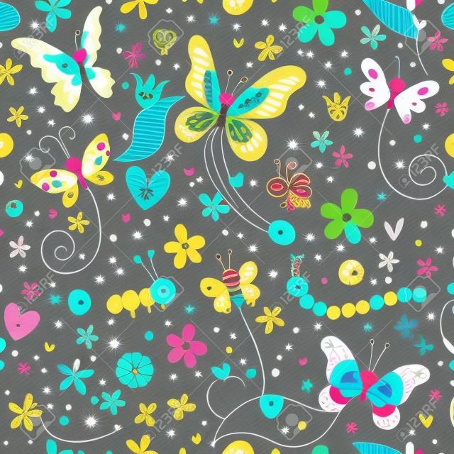 kelebekler çiçekler doğa seamless modeli