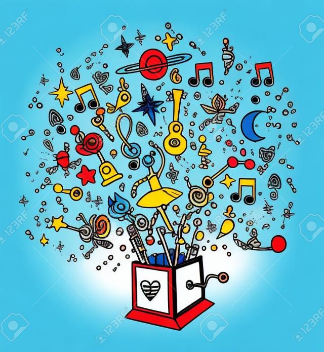 music box - burst of music and creativity cartoon illustration