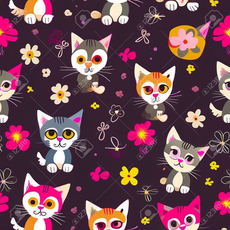 cute kittens and flowers seamless pattern