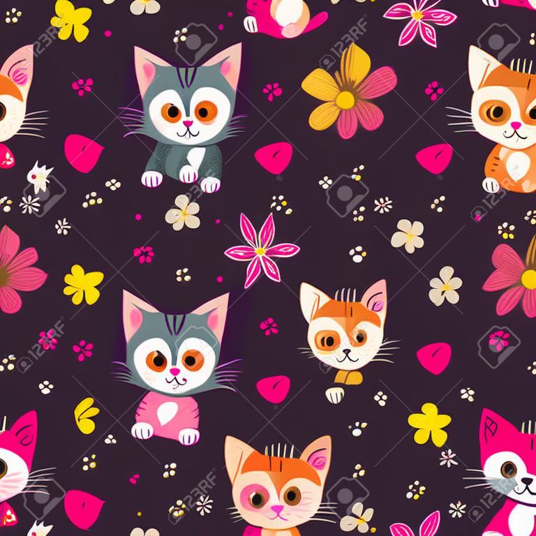 lindos gatitos y flores de patrones sin fisuras