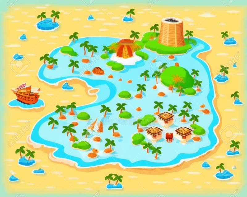 Duża wyspa z palmami i skarbami. tło do gier. ilustracja wektorowa. ilustracja wektorowa