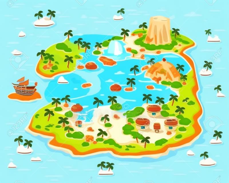 Duża wyspa z palmami i skarbami. tło do gier. ilustracja wektorowa. ilustracja wektorowa
