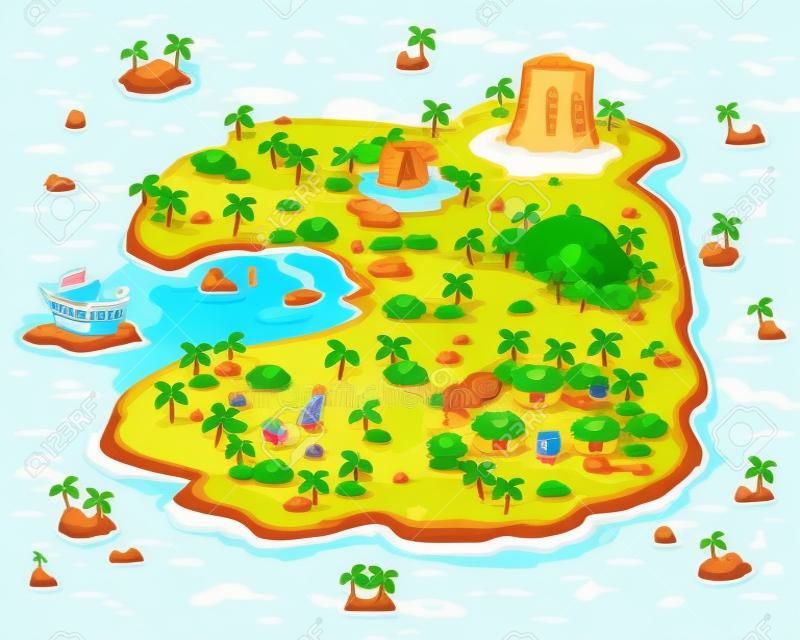 Gran isla con palmeras y tesoros. Fondo para juegos. ilustración vectorial ilustración vectorial