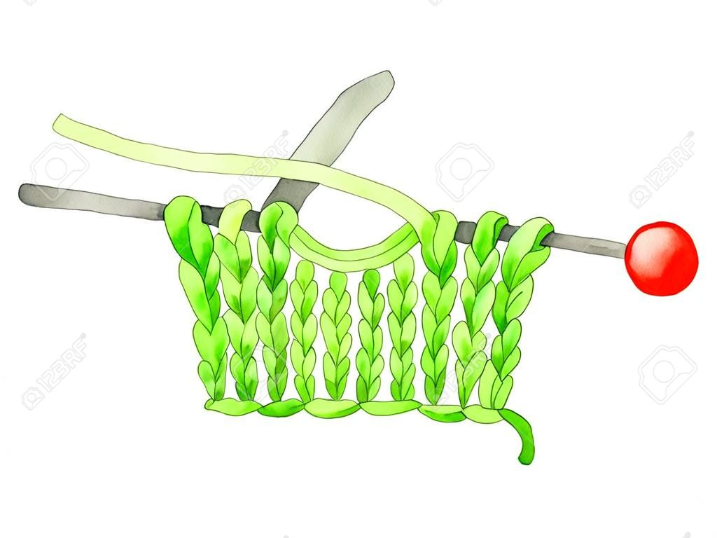 Ilustração em aquarela de tecido verde tricotado em agulhas de tricô. Tricô por ponto. Padrão de tricô, exemplo. Criatividade, bordado, tricô. Isolado em fundo branco. Desenhado à mão.