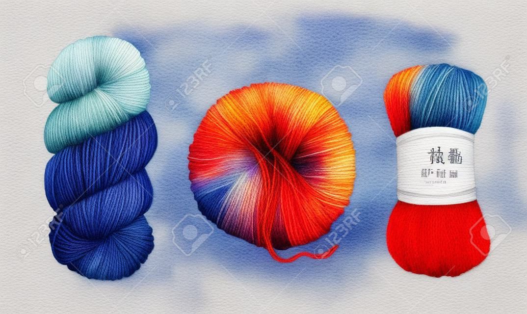 Set of watercolor illustrations of blue, red, orange skeins. The wool is curled up into a ball. Smoothly wound threads. Knitting, needlework, creativity, tangle. Isolated over white background. Drawn by hand.