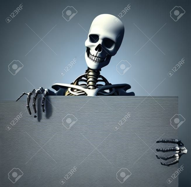 Skeleton Holding the Edge of a Blank Sign - 3D render