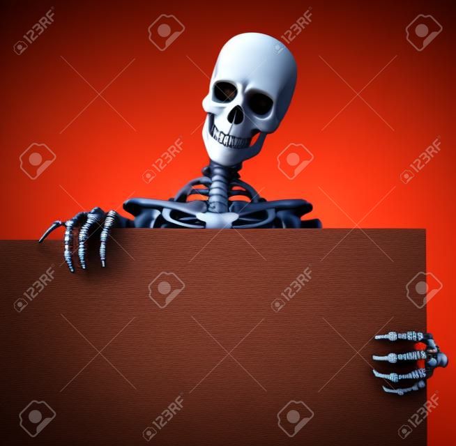 Skeleton tenendo il bordo di un segno in bianco - render 3D