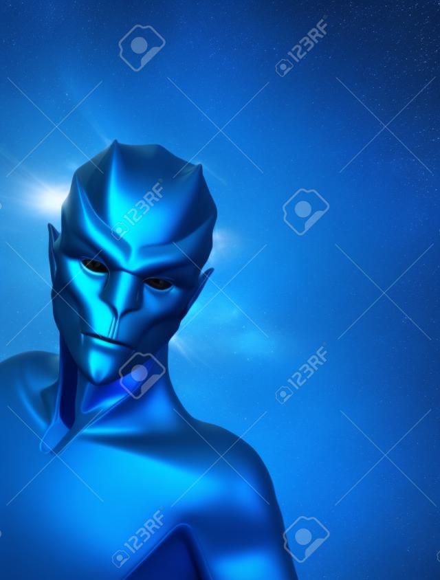 An alien portrait on a blue background with space for your message - 3d render.