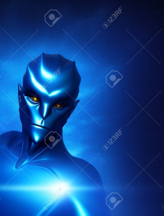 An alien portrait on a blue background with space for your message - 3d render.