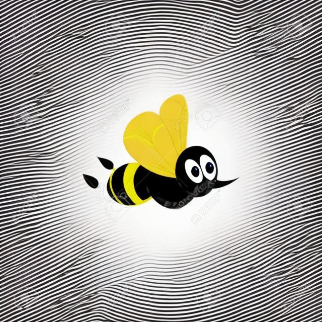 Fliegende Biene mit verschiedenfarbigen Flügeln, großen Augen und Stachel. Karikaturvektorillustration lokalisiert auf weißem Hintergrund.