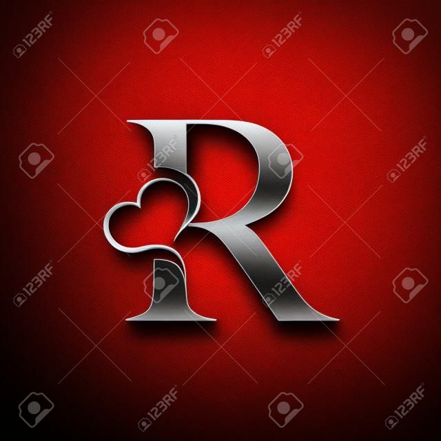 Logo litery R z ikoną serca, koncepcja walentynki