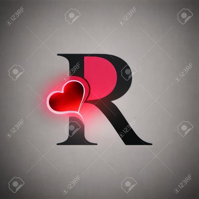 Marchio della lettera R con icona del cuore, concetto di San Valentino