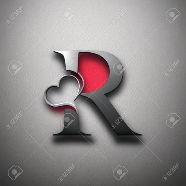Marchio della lettera R con icona del cuore, concetto di San Valentino