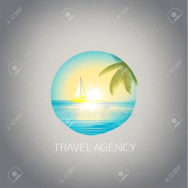 Yacht logo vector illustration with  sea and palm leaves  at sunset, travel agency concept