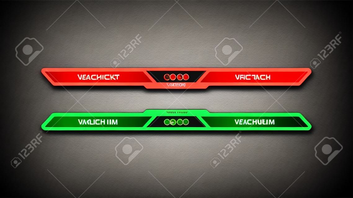 vs with match time vector design in red, green, orange and blue team name text bar