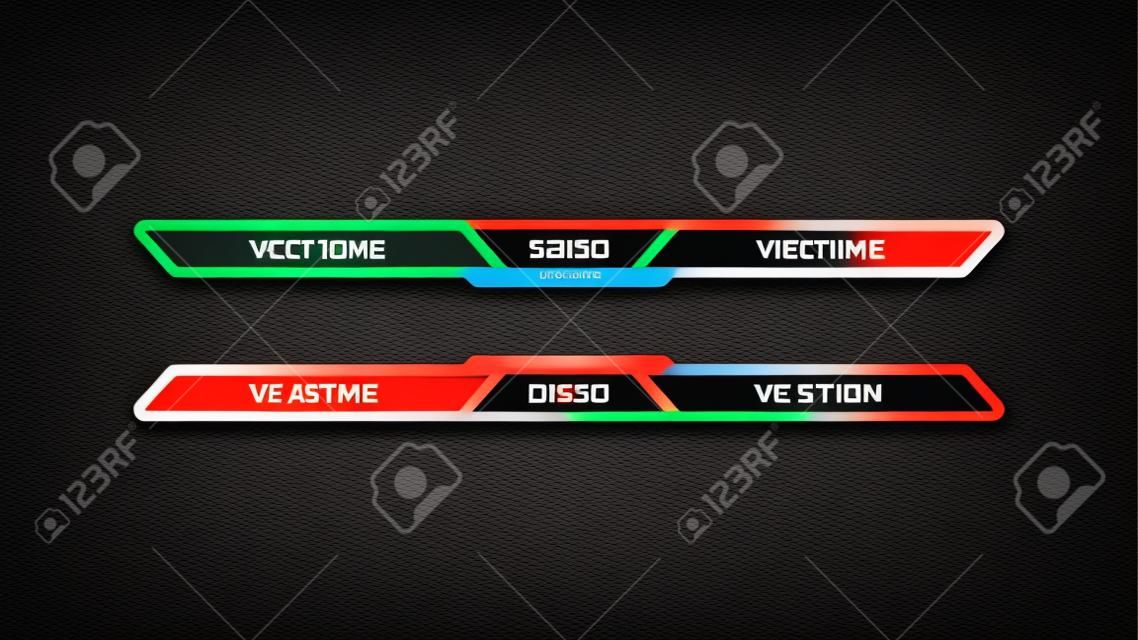 vs with match time vector design in red, green, orange and blue team name text bar