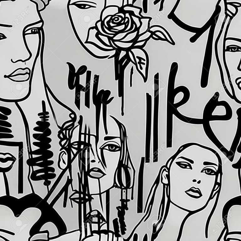 Fondo de pantalla grunge con graffity blanco sobre fondo gris. Fondo de pantalla abstracto con caras femeninas, labios, texto, graffiti en contornos.