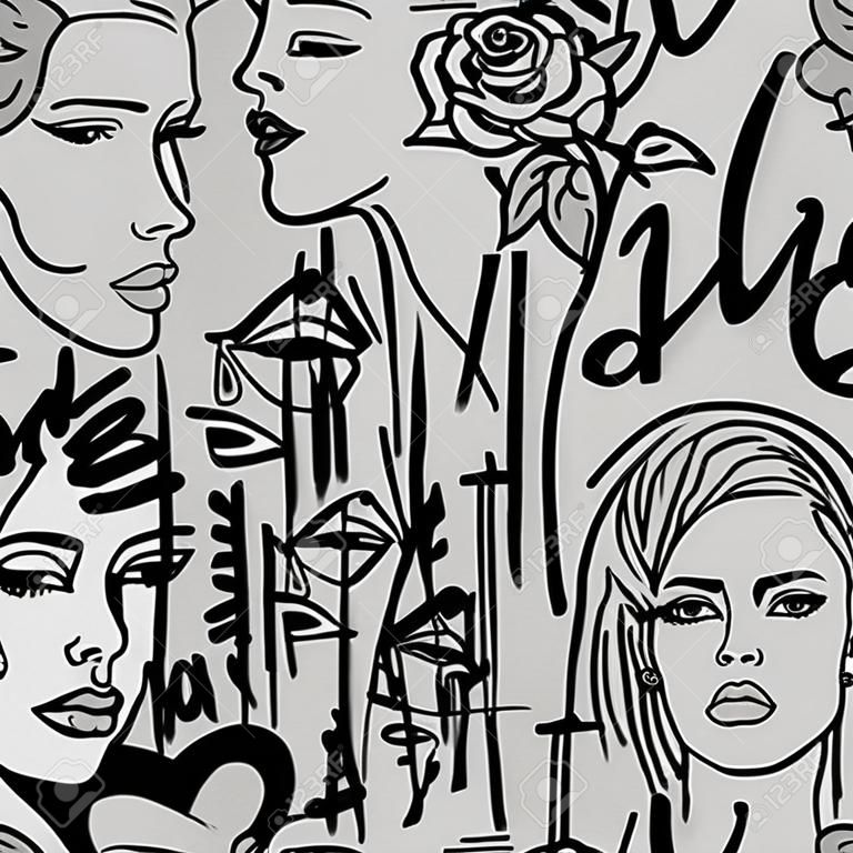 Fondo de pantalla grunge con graffity blanco sobre fondo gris. Fondo de pantalla abstracto con caras femeninas, labios, texto, graffiti en contornos.