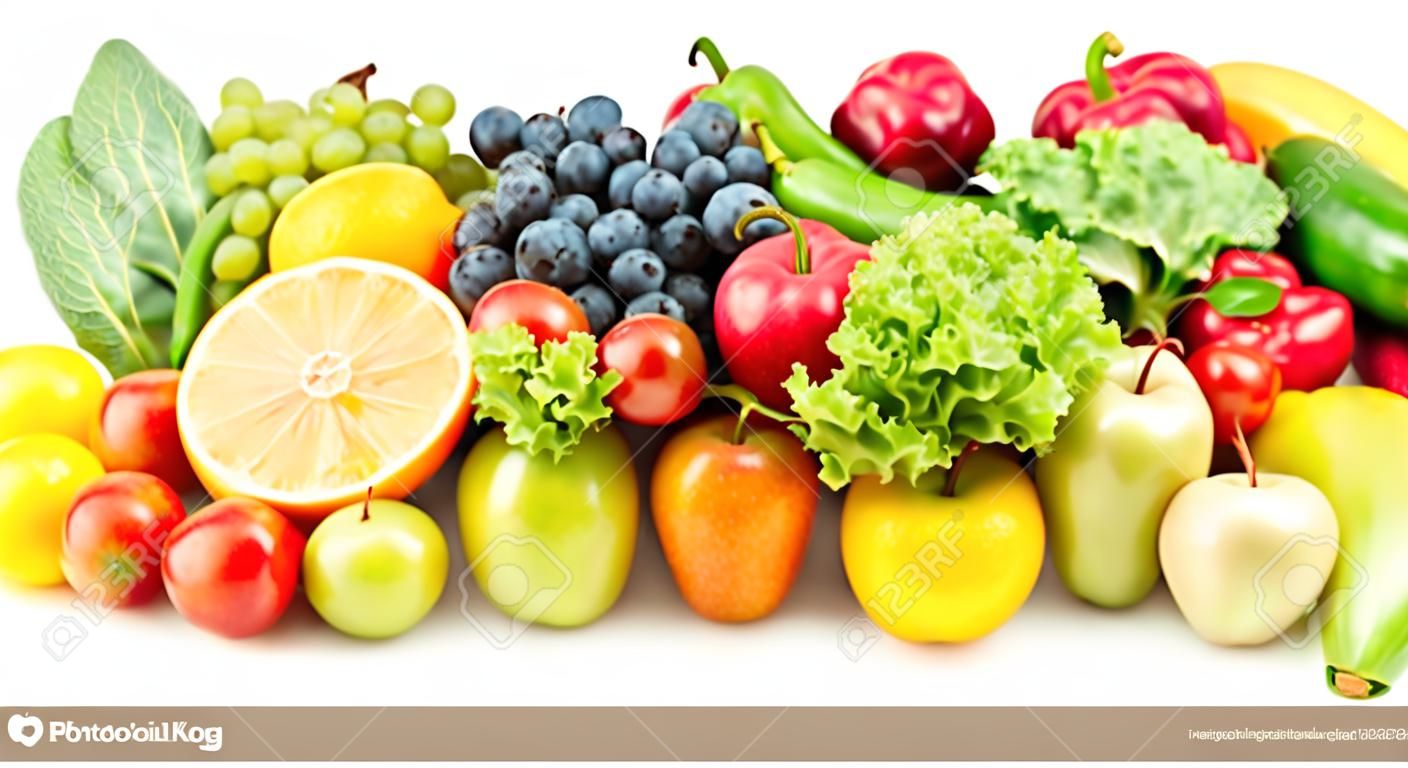 Conjunto de diferentes frutas y verduras aislados sobre fondo blanco