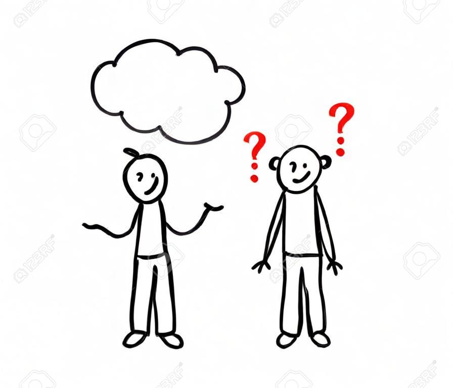 Two people are talking on a white background. Question mark. Sketch Vector illustration.