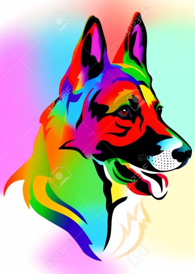 Portrait décoratif coloré de profil de chien berger allemand, illustration vectorielle en différentes couleurs isolé sur fond blanc